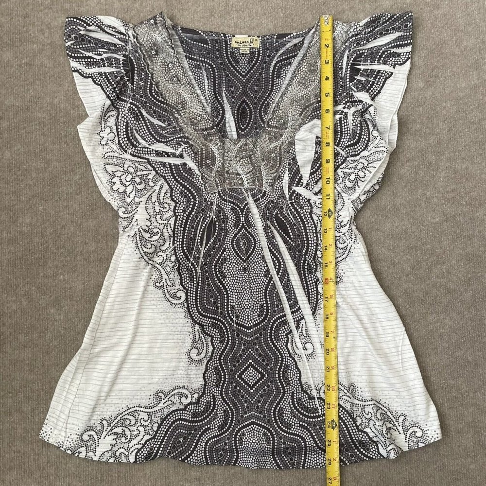 One World Shirt Womens Small Gray Black Silver Sequins Embroidered Boho Flowy - Picture 6 of 7